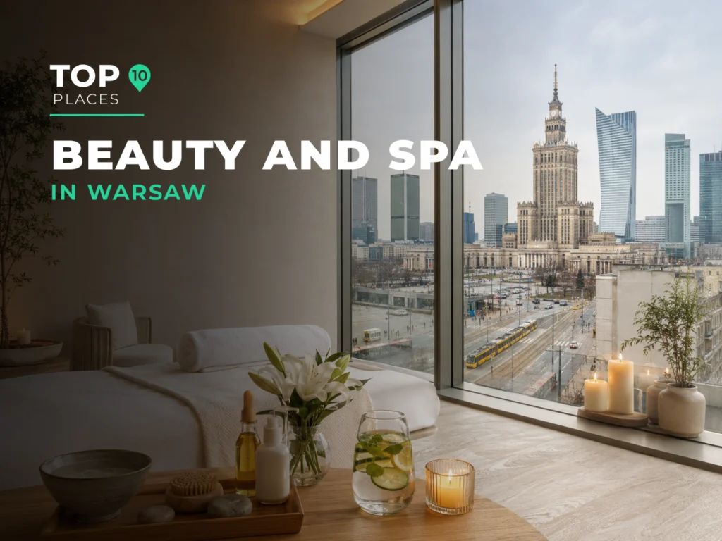 Elegant spa room in Warsaw with candles, towels and a city skyline view