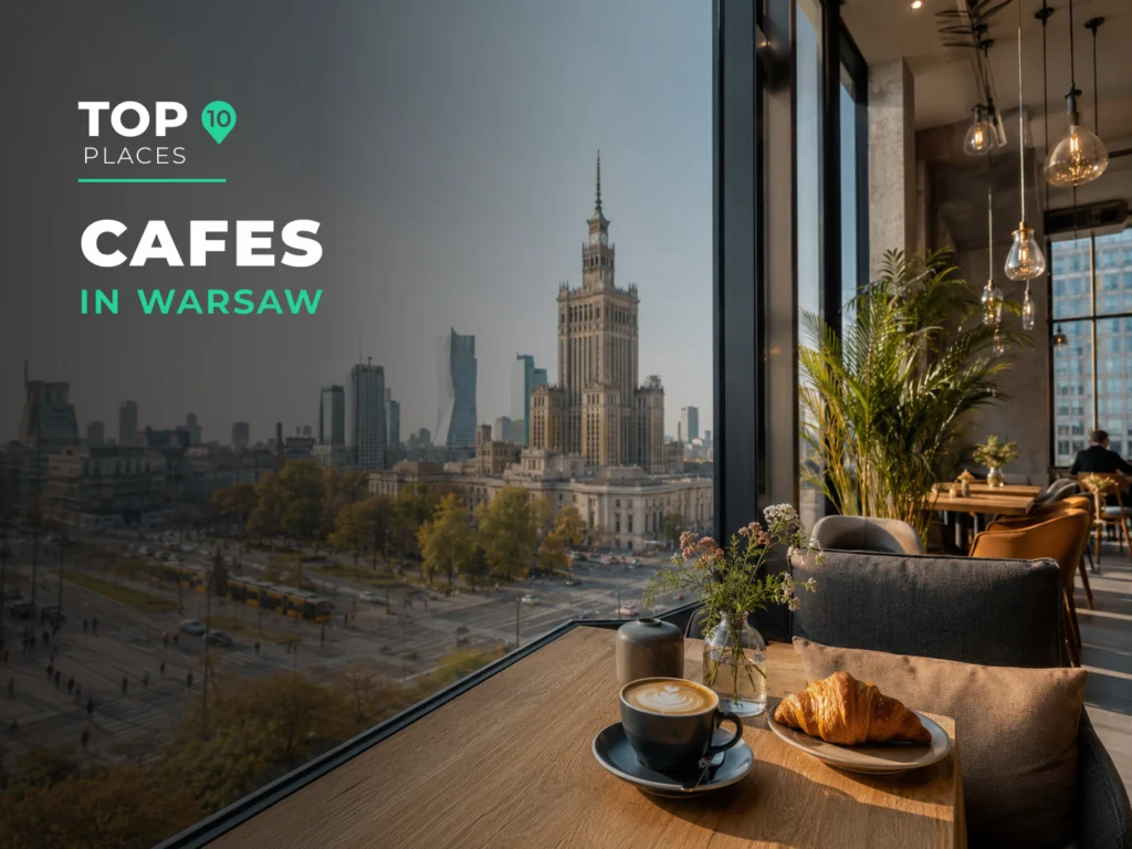 Cozy cafe in Warsaw with coffee, croissant and a view of the city center