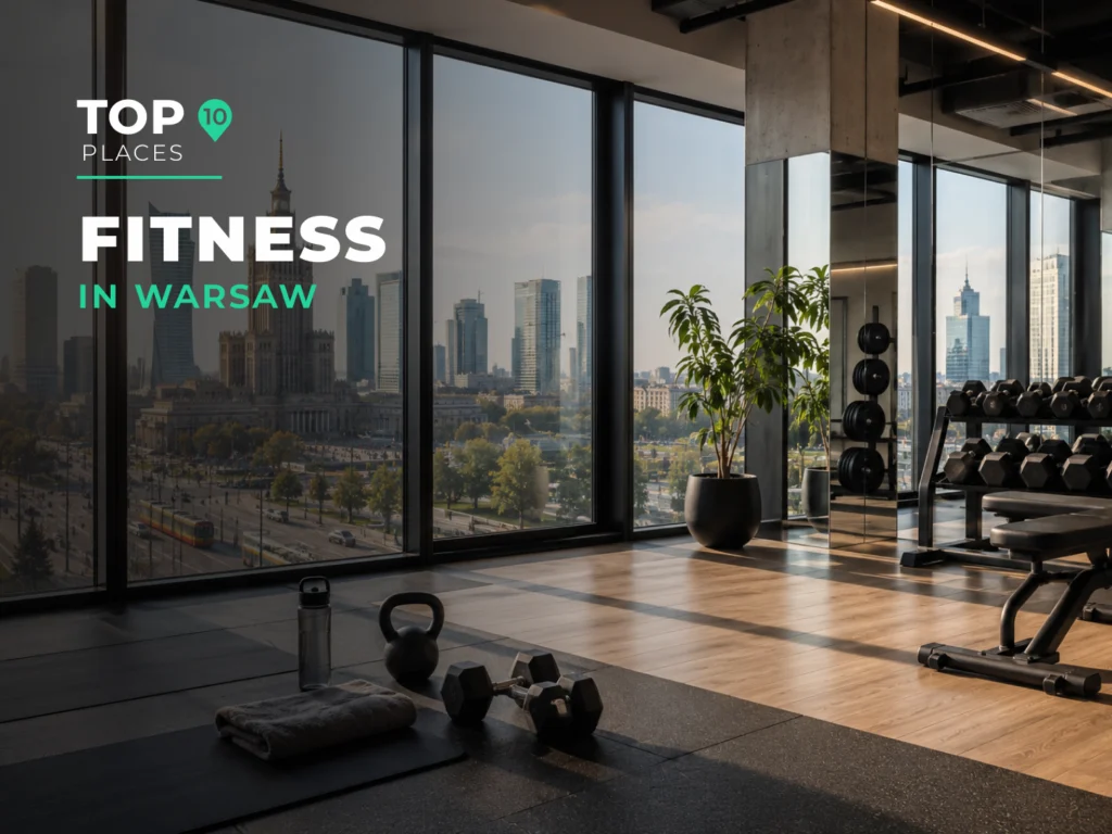 Modern fitness studio in Warsaw with gym equipment and a downtown city view