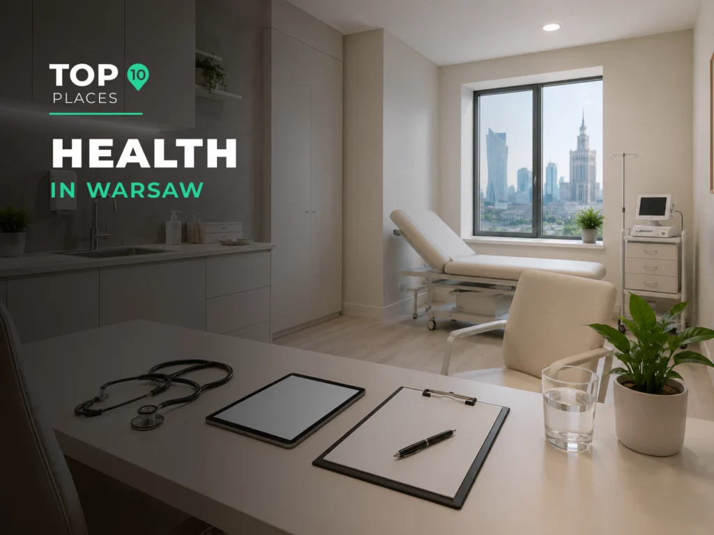 Modern medical clinic in Warsaw with a consultation desk and city view