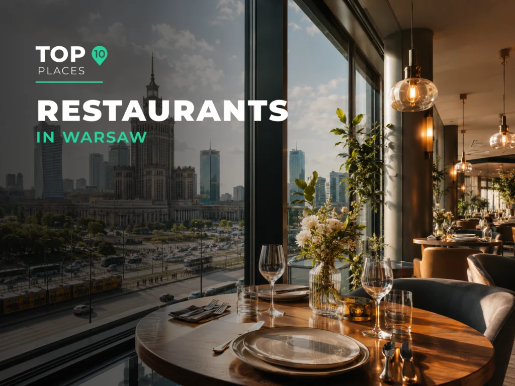 Elegant restaurant in Warsaw with a table setting and a view of downtown skyline