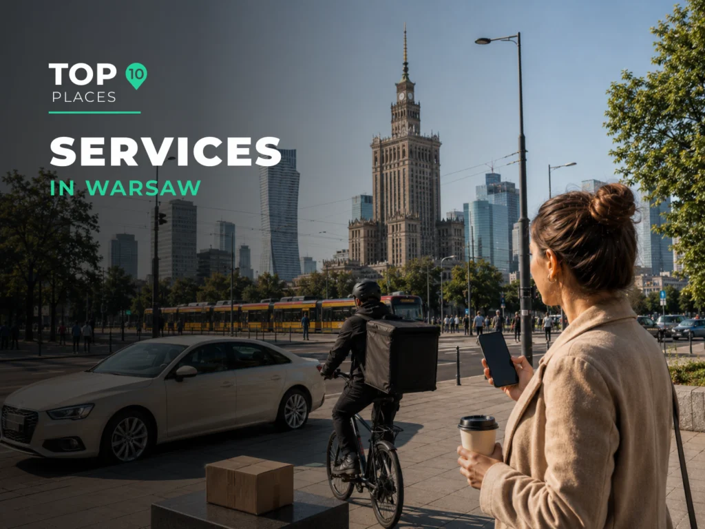Local services in Warsaw with taxi, food delivery courier and downtown skyline