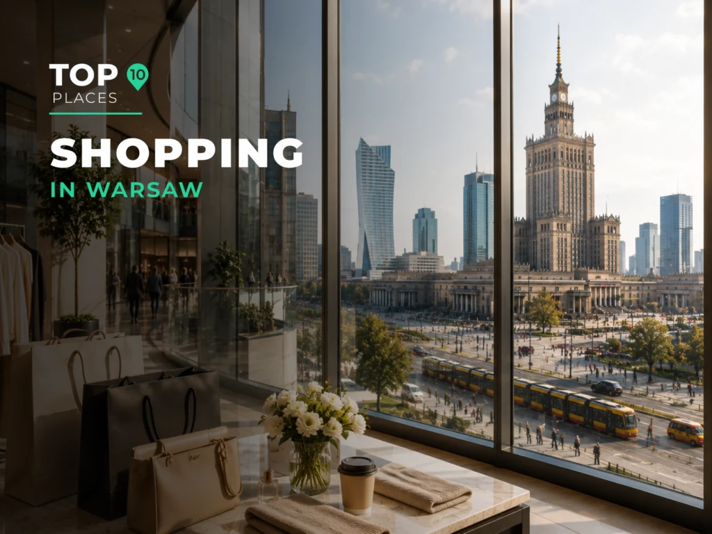 Modern shopping gallery in Warsaw with shopping bags and a city center view