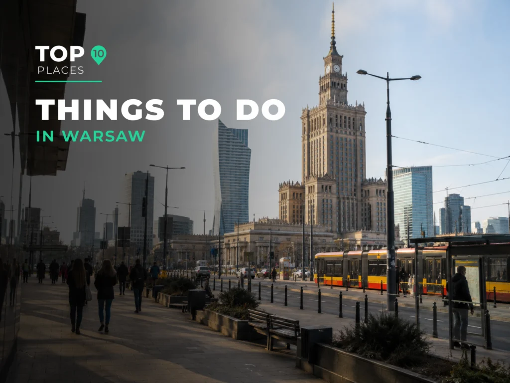 Downtown Warsaw street with trams, pedestrians and the Palace of Culture and Science